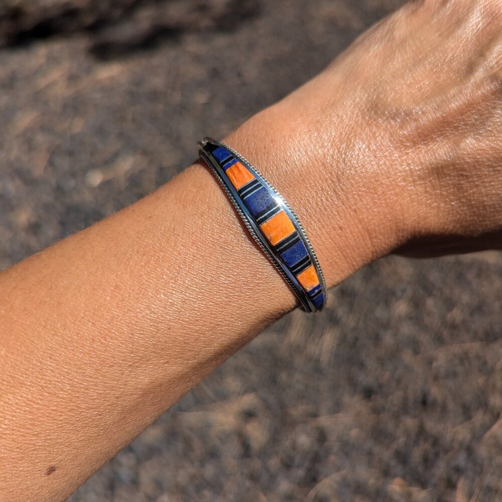 Handmade Zuni Multi Stone Inlay Cuff Bracelet Sterling Silver Jewelry Sz 6.5in**